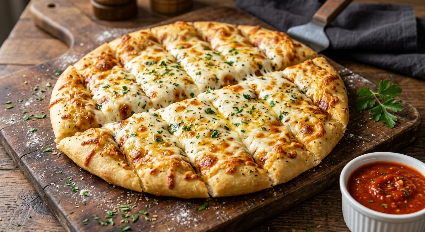 Freshly baked garlic fingers generously topped with melted mozzarella cheese, sliced into strips.